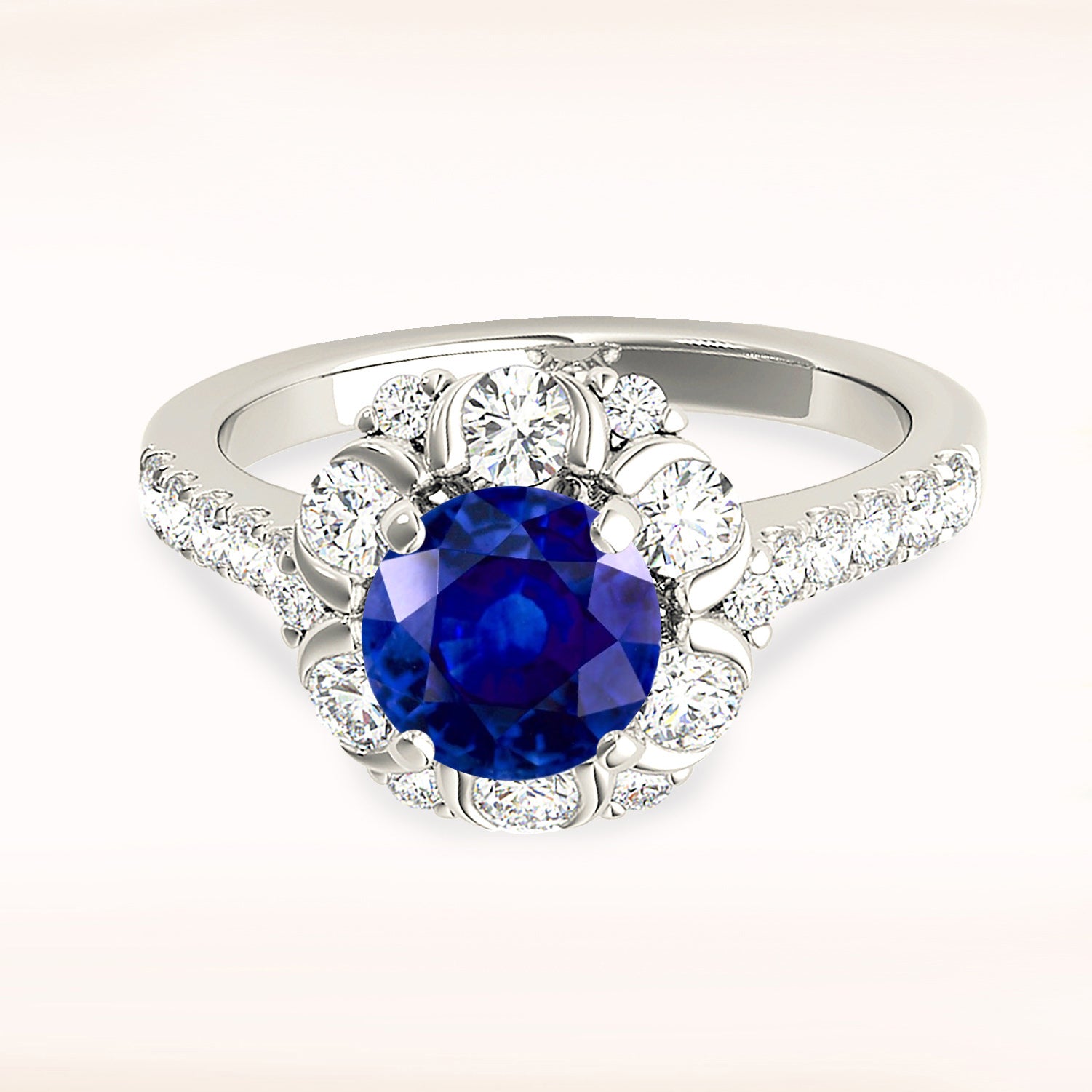 1.35 ct. Genuine Blue Sapphire Ring With 0.90 ctw. Diamond Floral Halo, Delicate Diamond Band | Natural Sapphire And Diamond Gemstone Ring-VIRABYANI